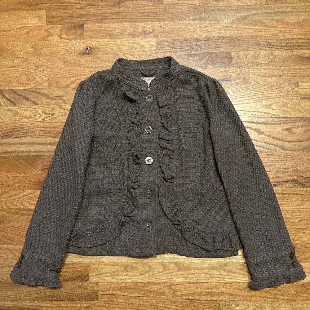 Vintage 90s Y2K Decree Blazer Jacket Womens XL Ruffle Frill Flare Sleeve Brown